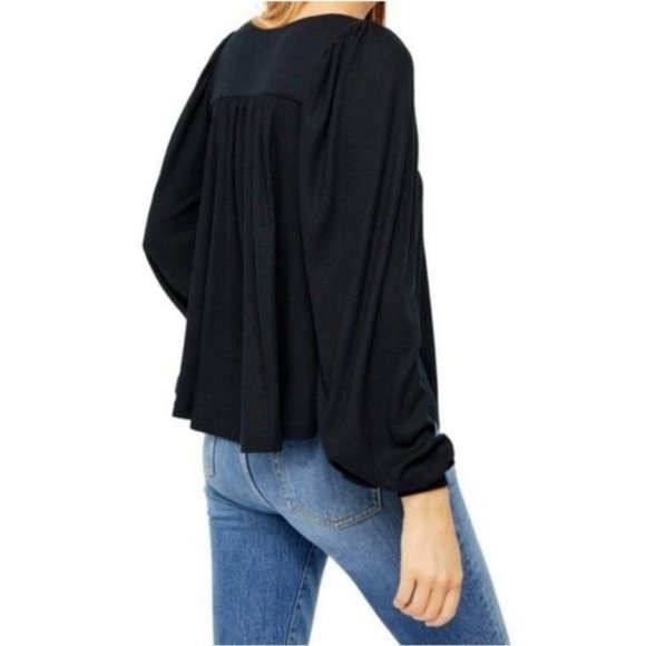 Free People Devin Black Balloon Sleeve Henley Oversized Textured Knit Top - Picture 3 of 13